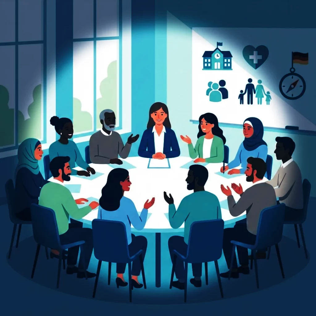 Moderne Illustration in Blau- und Grüntönen: Eine diverse Gruppe von zehn Eltern sitzt an einem Tisch in einem hellen Seminarraum und tauscht sich aus, moderiert von einer Kursleiterin.